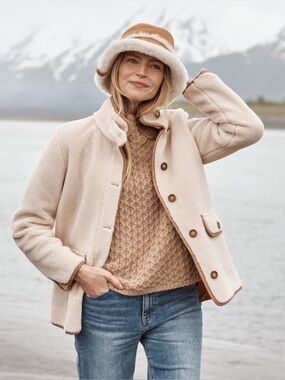 Garnet Hill Recycled-Sherpa Button Front Teddy Coat Large Cream Tan Fleece Fall